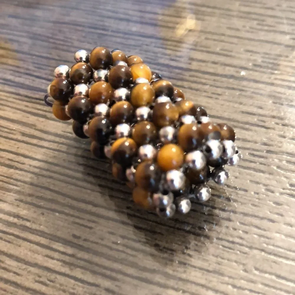 Waxed Brown Cord Necklace with Silver & Tigers Eye Beads, Sterling End Caps